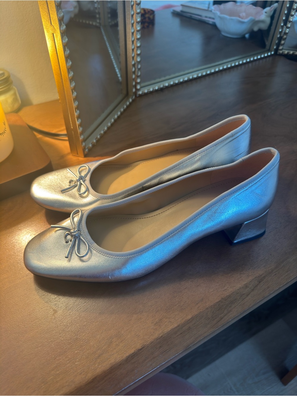 Coach Silver Metallic Low Block Heel Ballet Flats with Bow